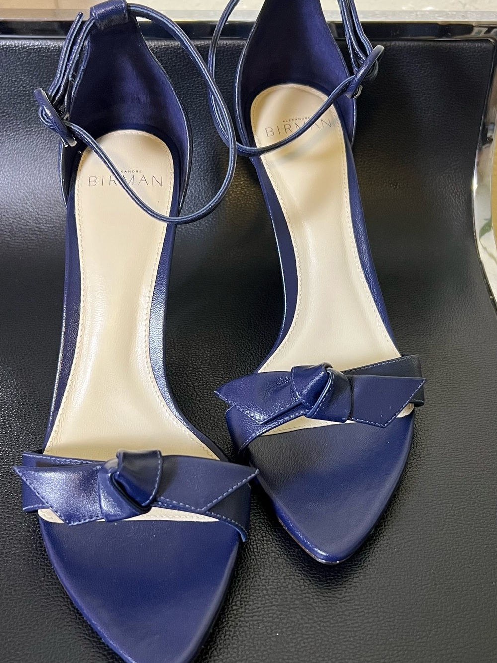 Alexandre Birman Navy Leather Clarita Knot Ankle Strap Heels - Size 38 NWOB